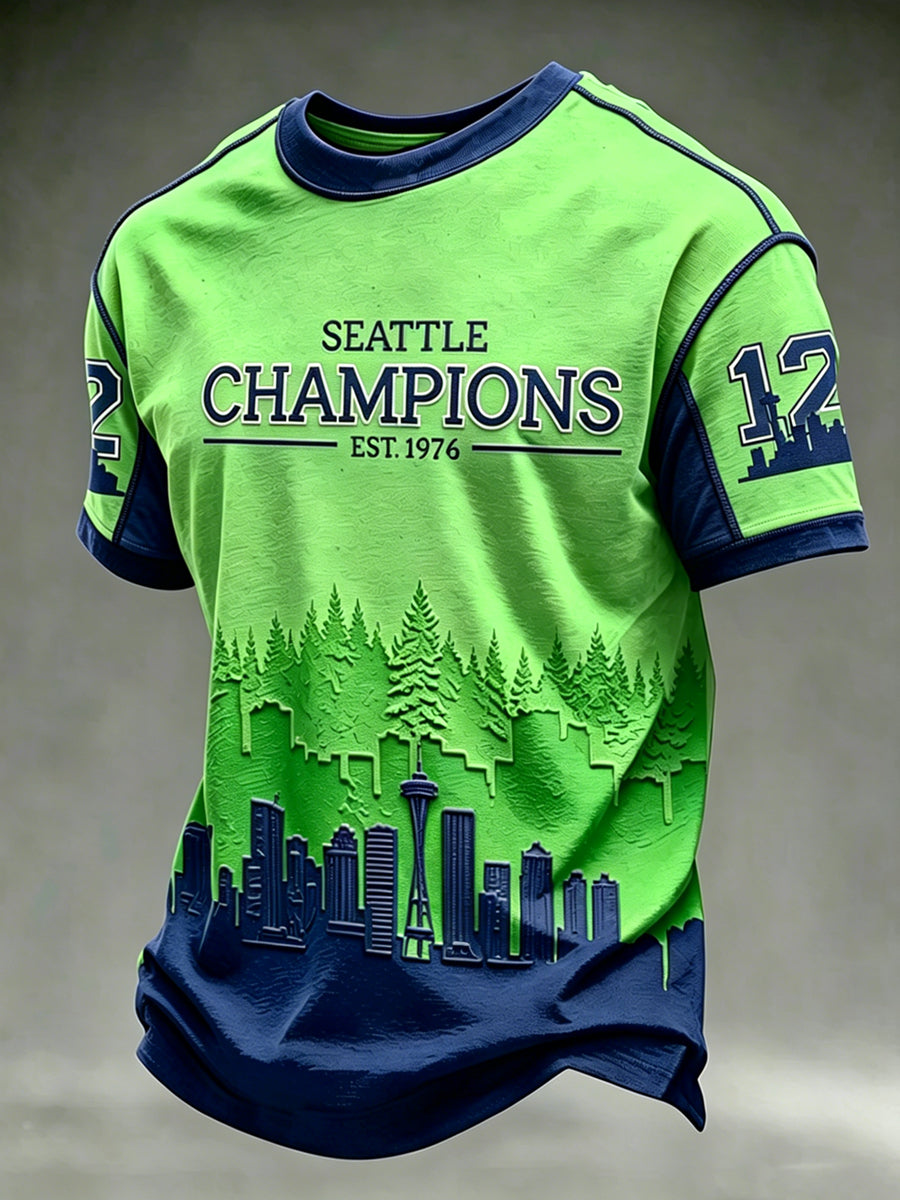 Men's Rugby Seattle Printed Vintage Fashion Loose Short Sleeve T-Shirt