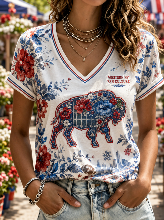 Women's Buffalo Bills V-Neck Off-Shoulder Short-Sleeved T-Shirt