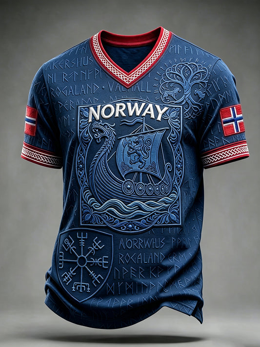 Men's Vintage Viking Inspired Art Norway Flag Print V-neck T-shirt