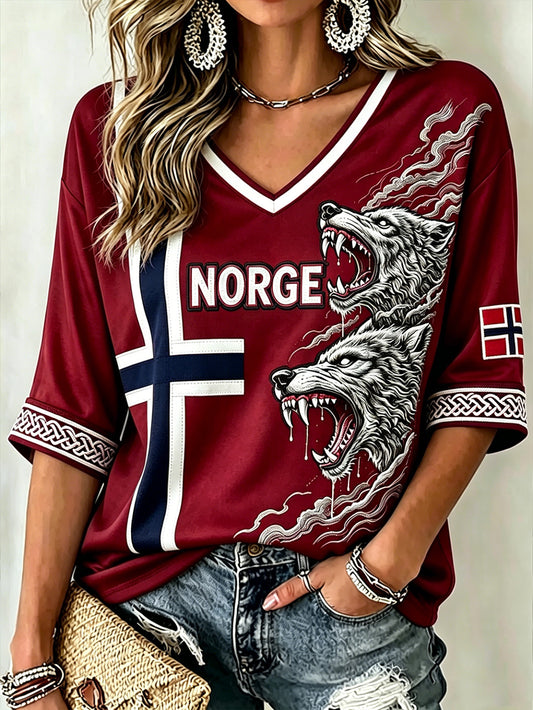 Women's Retro Norwegian Viking Animal Pattern Printed Mid-length Sleeves V-Neck T-Shirt