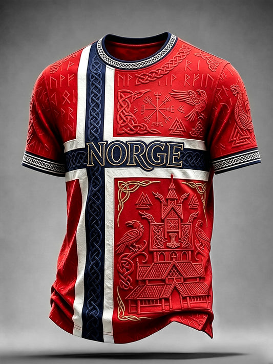 Men's Viking Inspired Pattern Celtic Norway Flag Print Short Sleeves T-shirt