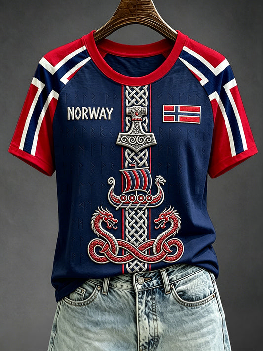 Women's Viking Inspired Art Norway Flag Print Round Neck Short Sleeve T-shirt