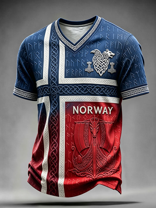 Men's Vintage Viking Inspired Celtic Norway Flag Print V-neck T-shirt