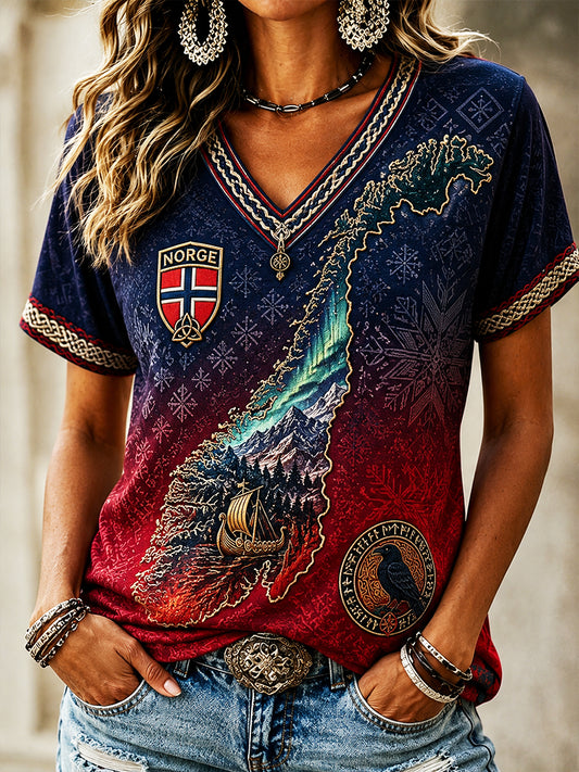 Retro Norwegian Viking Scandinavian Folk Art Print Casual Top
