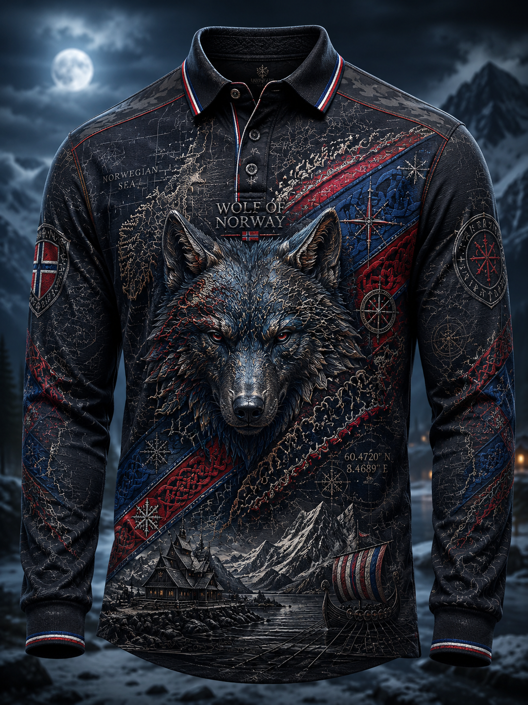 Men's Norwegian Animal Map Printed Long-Sleeved Polo