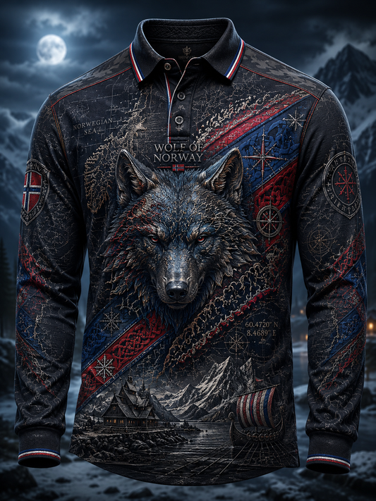 Men's Norwegian Animal Map Printed Long-Sleeved Polo