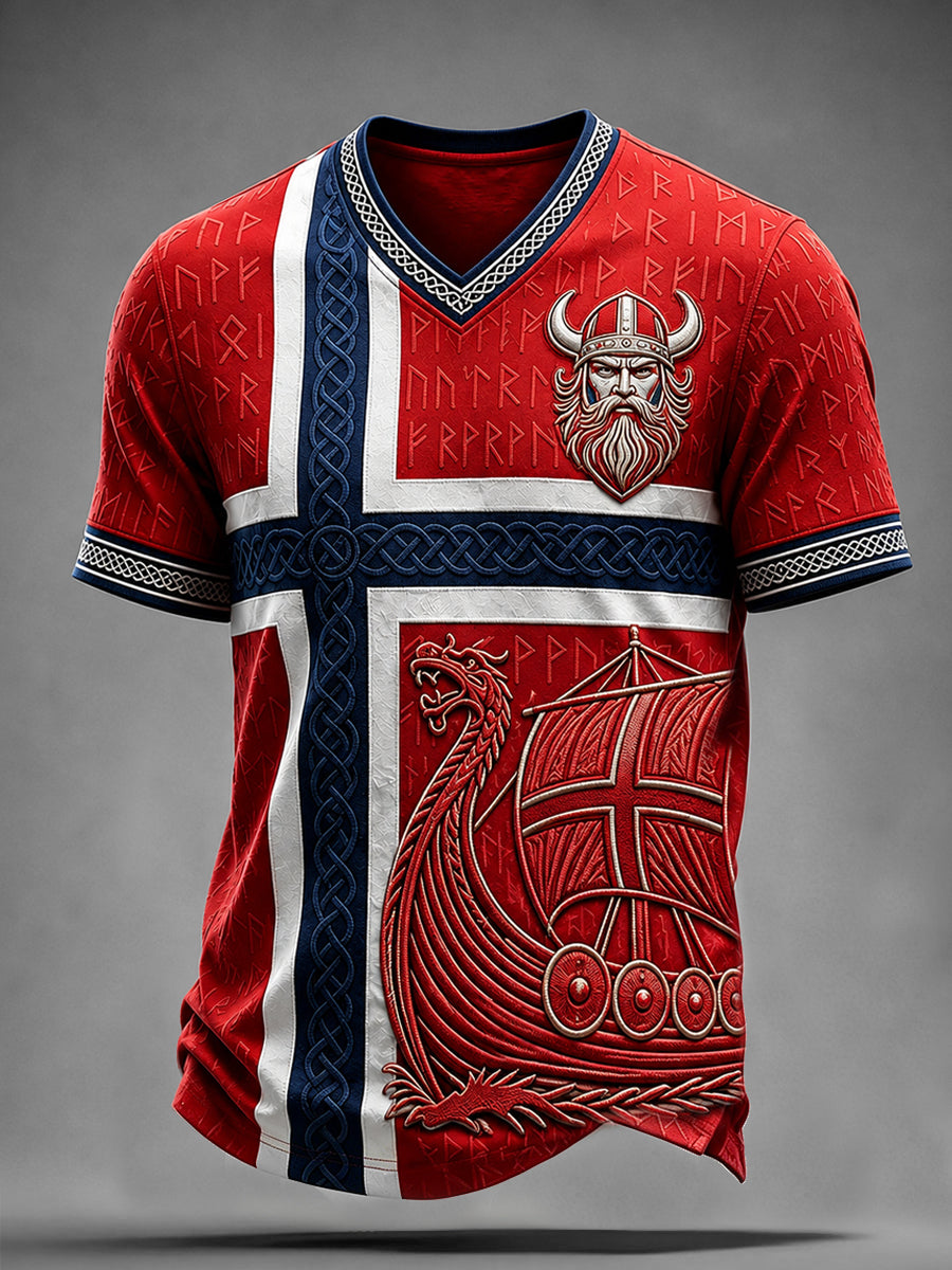 Men's Viking Longship Norway Falg Inspired Celtic Print V-neck T-shirt