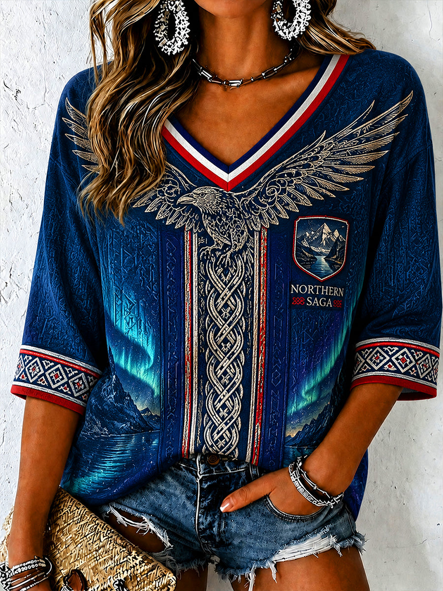 Retro Norwegian Viking Scandinavian Folk Art Print Casual Top