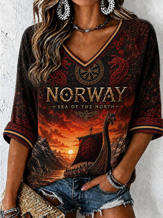 Retro Norwegian Viking Scandinavian Folk Art Print Casual Top