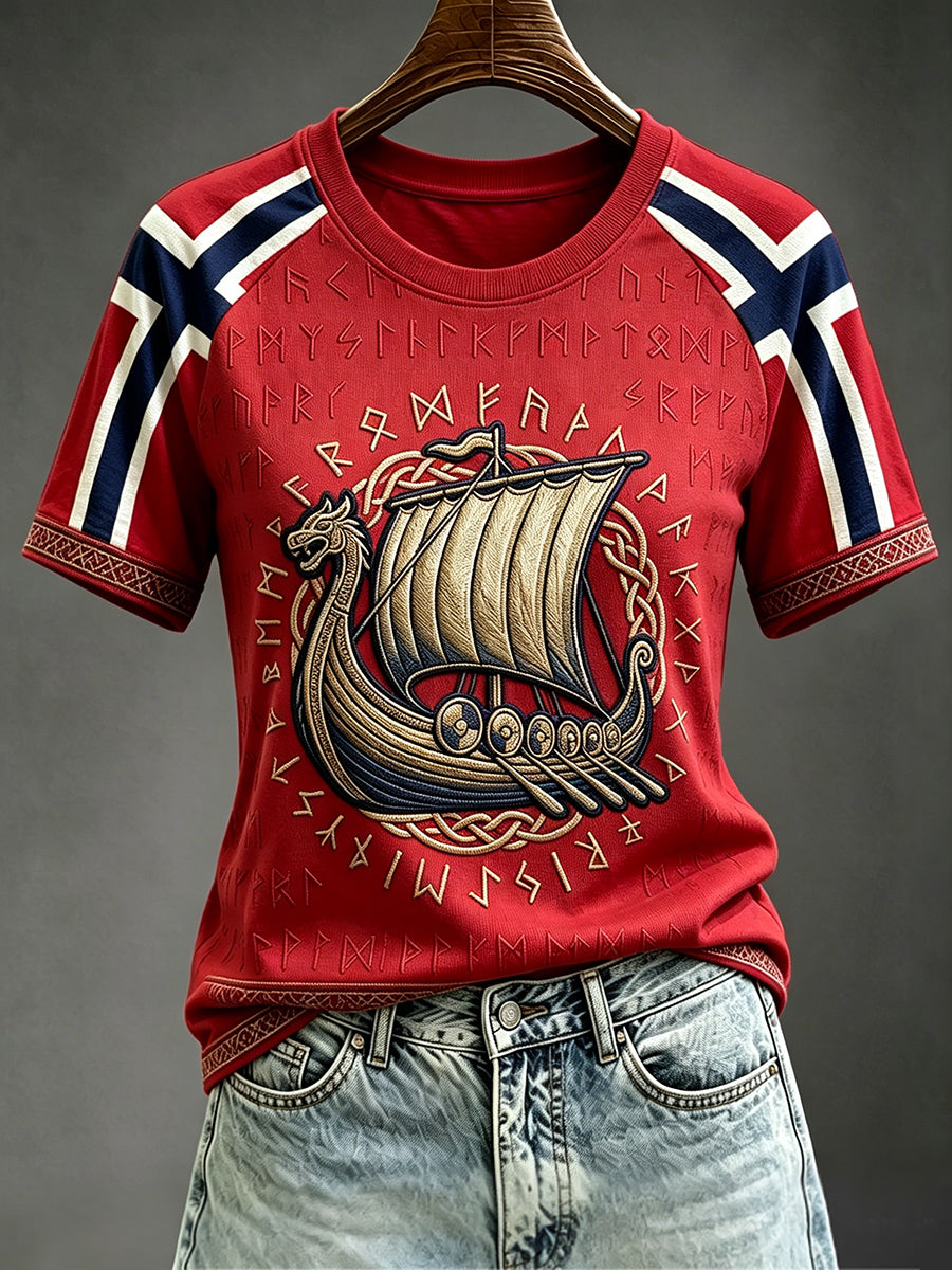 Women's Viking Longship Art Norway Flag Print Round Veck Short Sleeve T-shirt