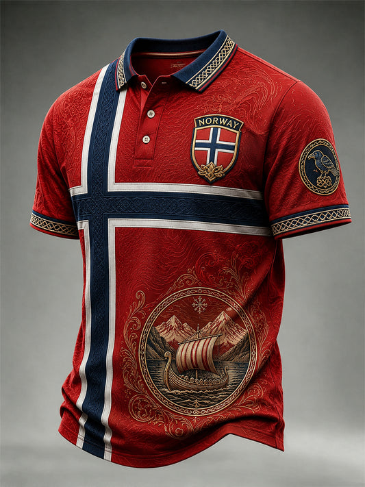 Casual Polo Shirt with Vintage Norwegian Viking/Scandinavian Folk Art Print