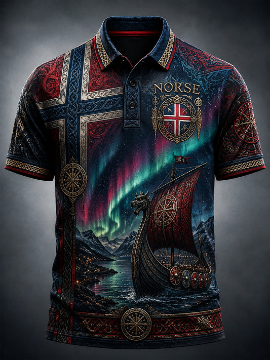 Casual Polo Shirt with Vintage Norwegian Viking/Scandinavian Folk Art Print