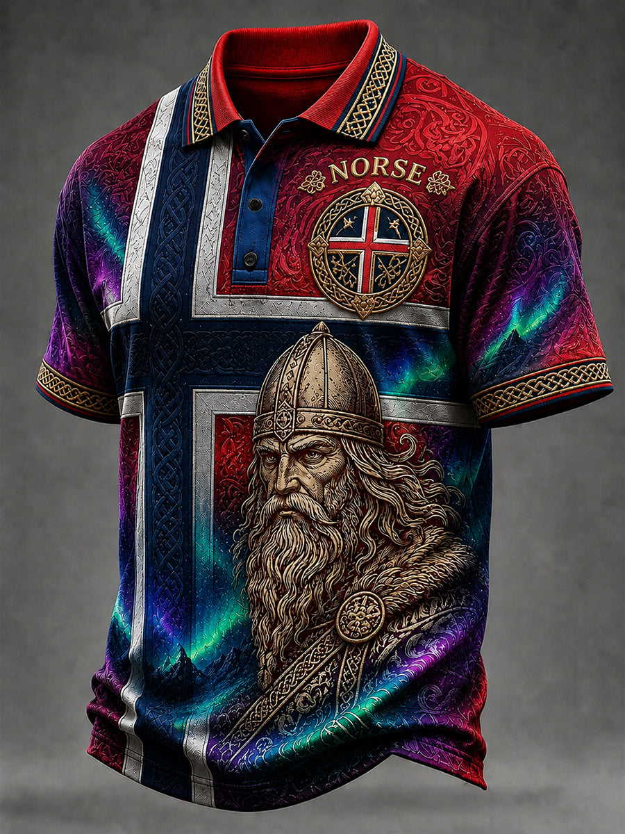 Casual Polo Shirt with Vintage Norwegian Viking/Scandinavian Folk Art Print