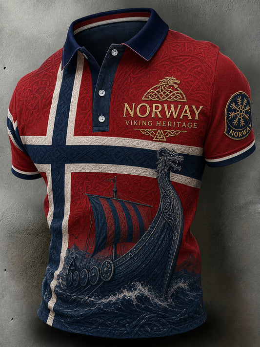 Retro Nordic Viking-Style Graphic Casual Polo Shirt