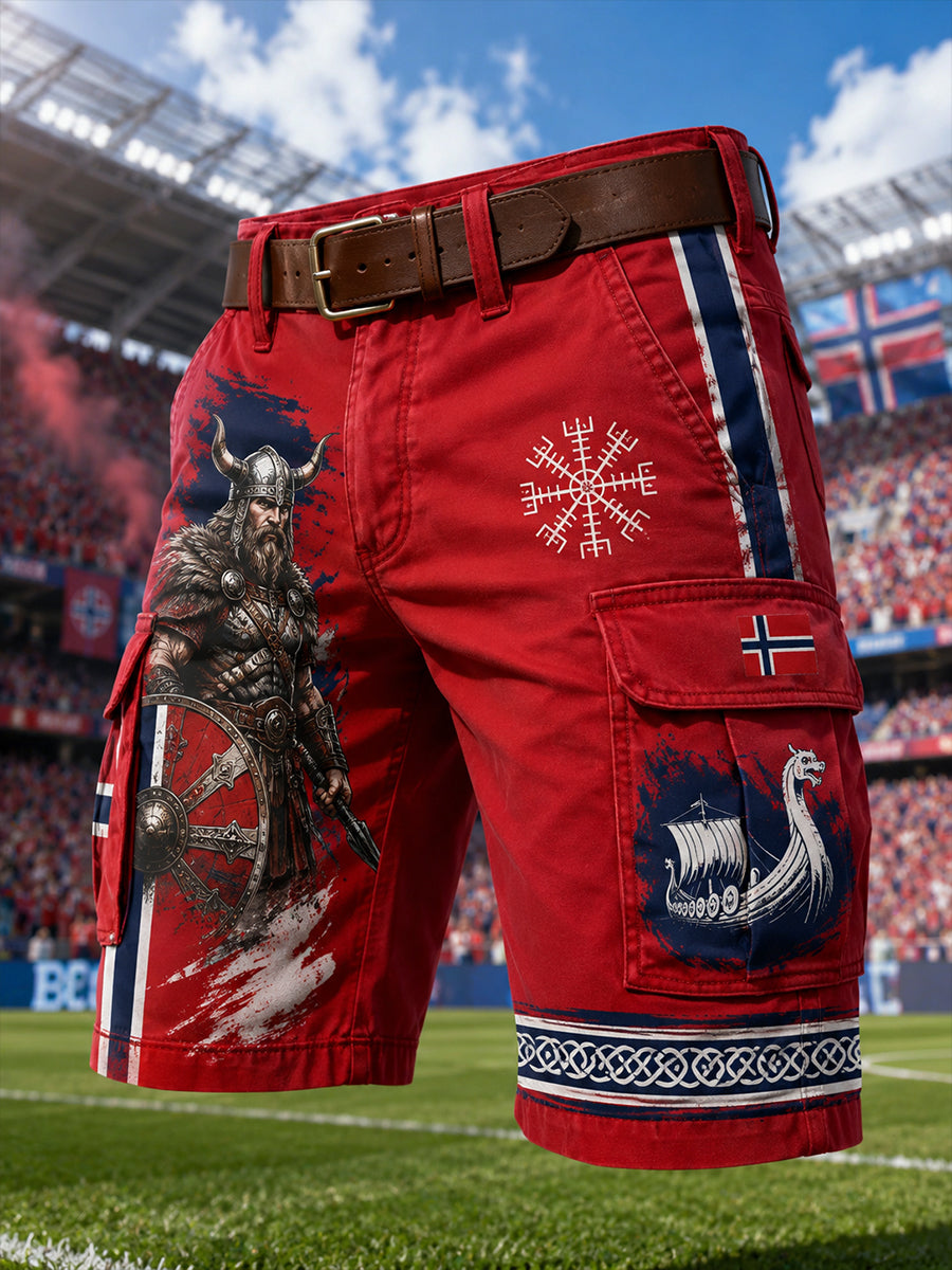 Men's Viking Warrior & Soccer-Themed Print Cargo Shorts