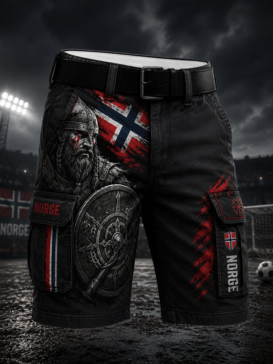 Men's Viking Warrior & Soccer-Themed Print Cargo Shorts