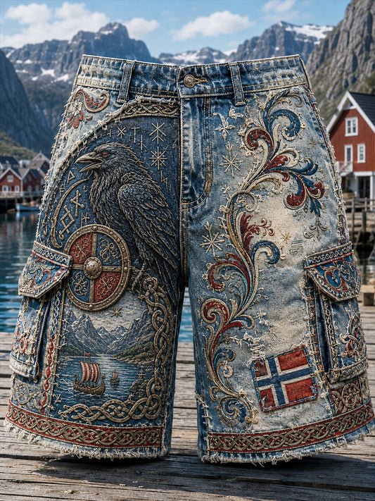 Casual Shorts with Vintage Norwegian VikingScandinavian Folk Art Print