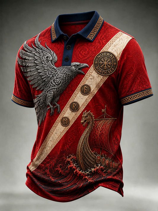 Retro Nordic Viking-Style Graphic Casual Polo Shirt