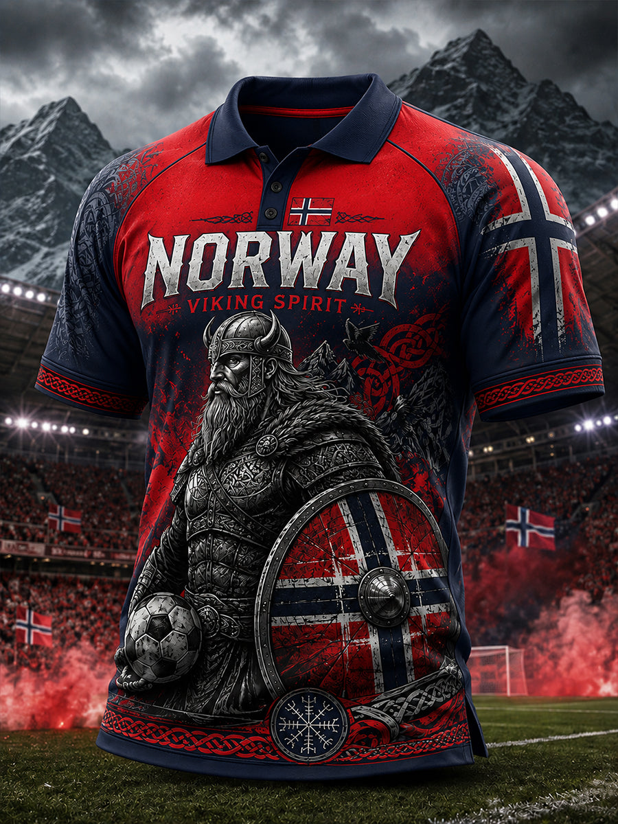 Men's Short-Sleeve Polo Shirt With Viking Warrior And Soccer-Themed Print