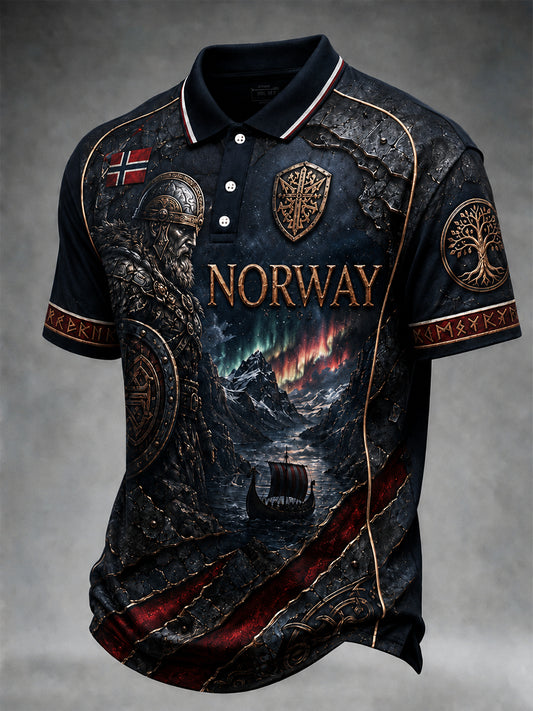 Retro Nordic Viking-Style Graphic Casual Polo Shirt