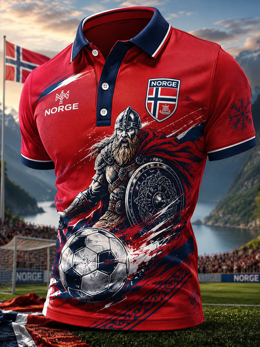 Men's Short-Sleeve Polo Shirt With Viking Warrior And Soccer-Themed Print