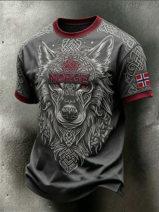 Men's retro Norwegian Viking animal pattern printed casual short sleeves T-shirt