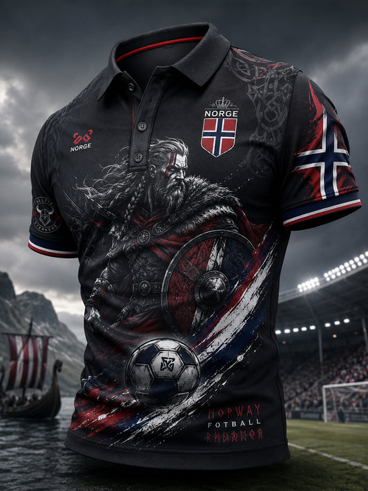 Men's Short-Sleeve Polo Shirt With Viking Warrior And Soccer-Themed Print