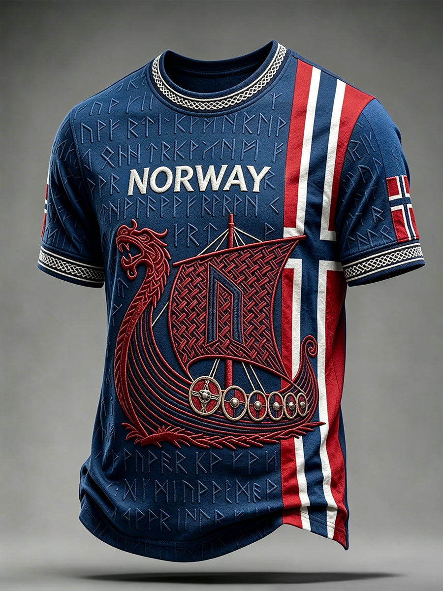 Men's Viking Longship & Runes Art Norway Flag Print Short Sleeves T-shirt