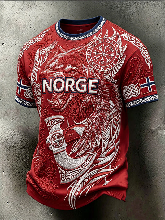 Men's retro Norwegian Viking animal pattern printed casual short sleeves T-shirt