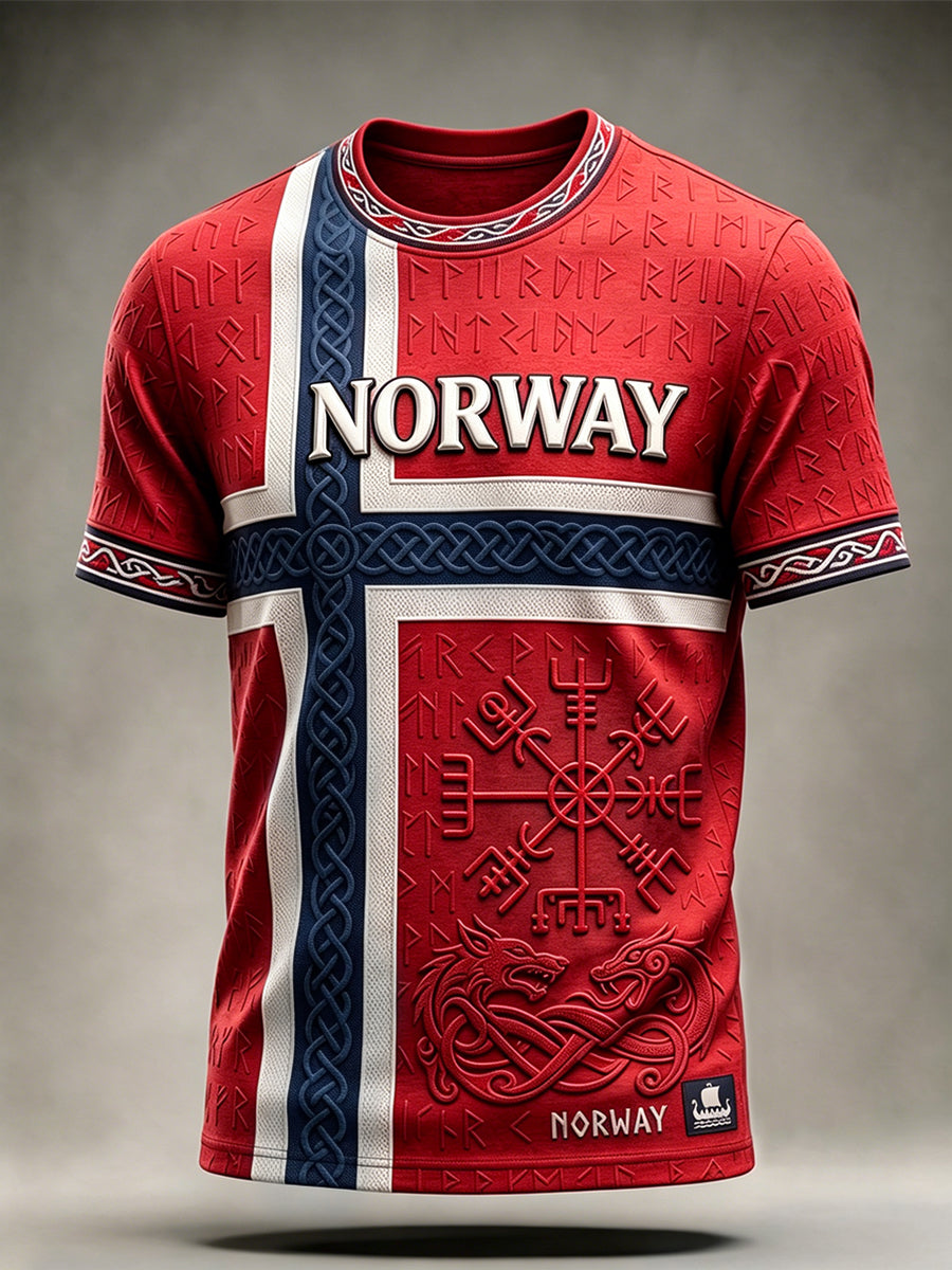 Men's Viking Inspired Pattern Celtic Norway Flag Print Short Sleeves T-shirt