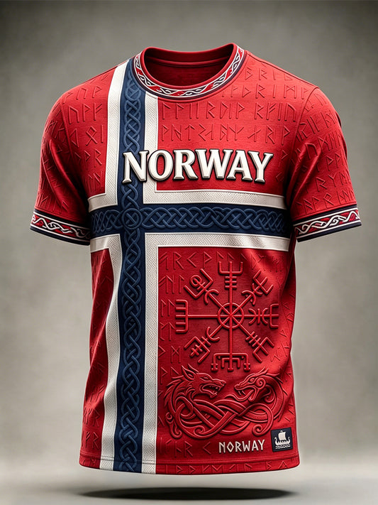 Men's Viking Inspired Pattern Celtic Norway Flag Print Short Sleeves T-shirt