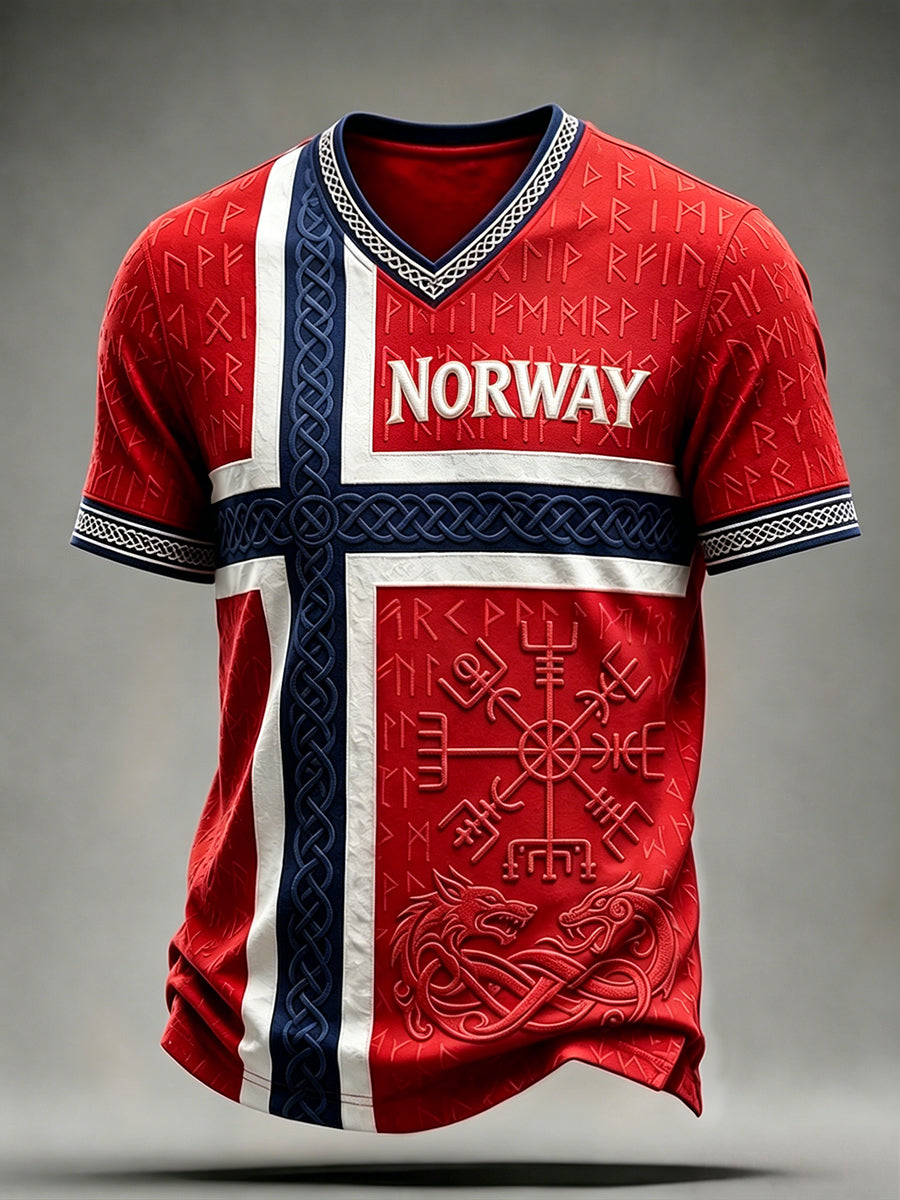 Men's Viking Vegvisir Runes Celtic Norway Flag Print V-neck T-shirt