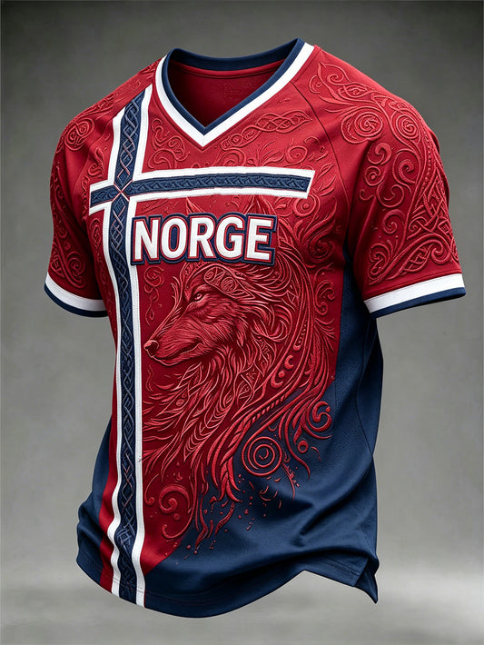 Men's retro Norwegian Viking animal pattern printed casual short sleeves T-shirt