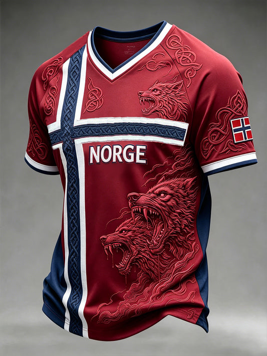 Men's retro Norwegian Viking animal pattern printed casual short sleeves T-shirt