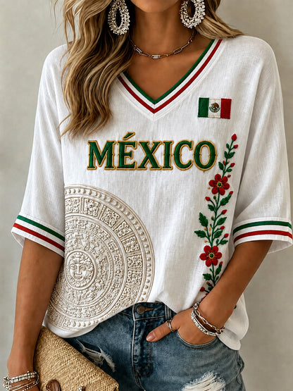 Women's Mexico Lover Art  Mid-length Sleeves V-Neck T-Shirt