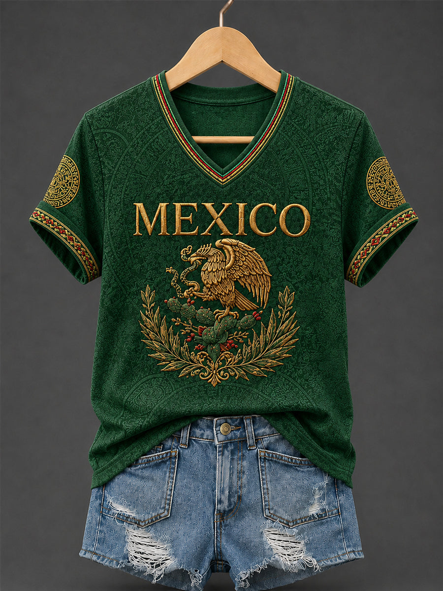 Women's  Mexican Pride Printed Casual V-Neck Tee