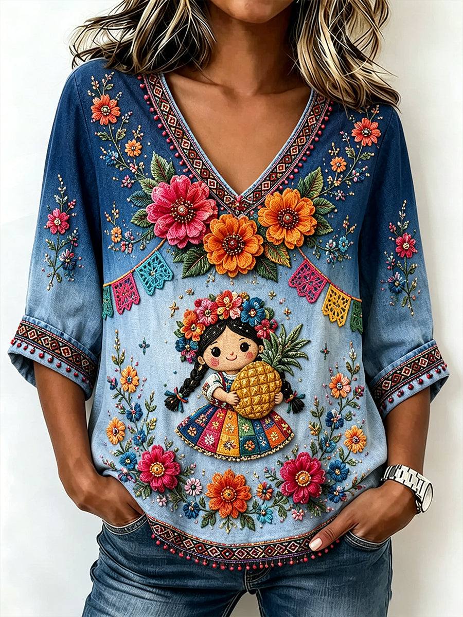 Women's Mexican Galaguecha Festival Commemorative Art Print V-Neck Top