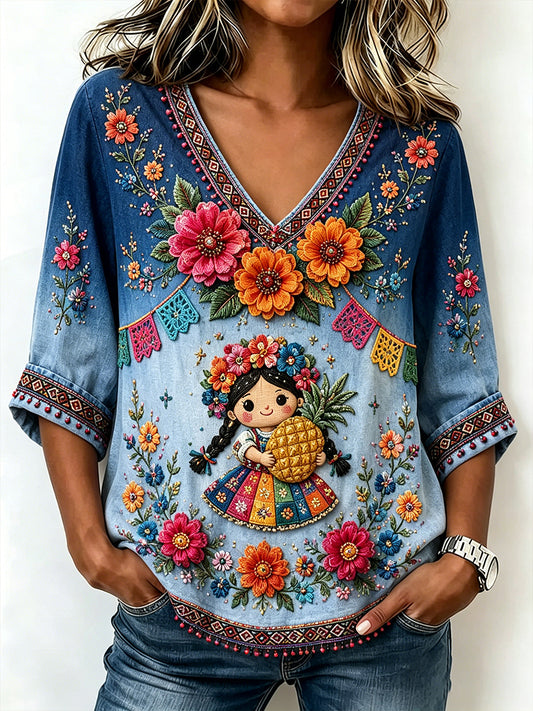 Women's Mexican Galaguecha Festival Commemorative Art Print V-Neck Top