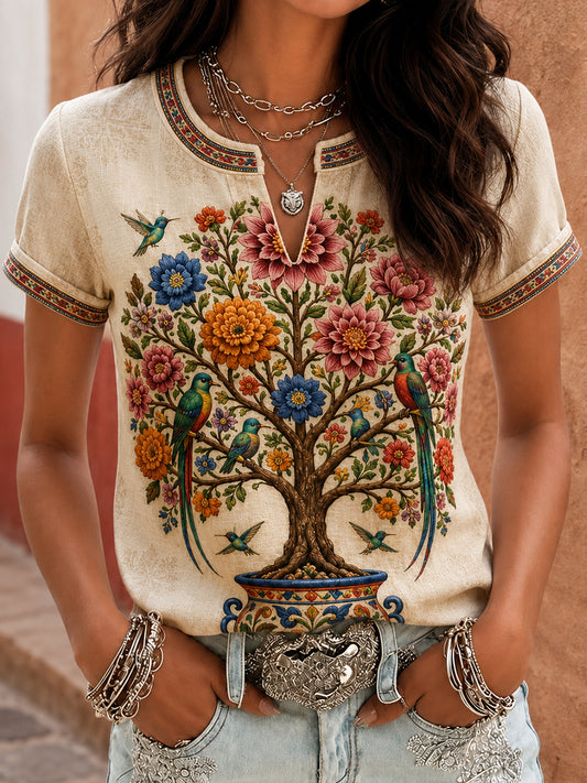 Women's Mexico Guelaguetza Tree of Life Art Printed Linen T-shirt
