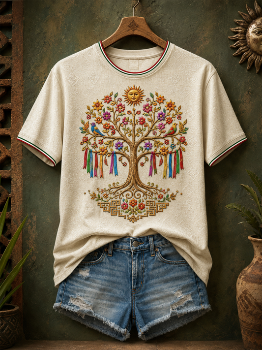 Women's Mexico Guelaguetza (Tree of Life Art Printed linen short-sleeved T-shirt