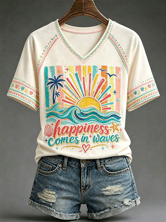 Women's "Happiness Comes in Waves" V-Neck T-Shirts