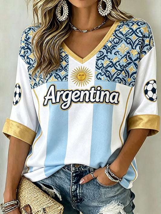 Women's Color Combination Design Football Element Pattern Print Mid-length Sleeves V-Neck T-Shirt