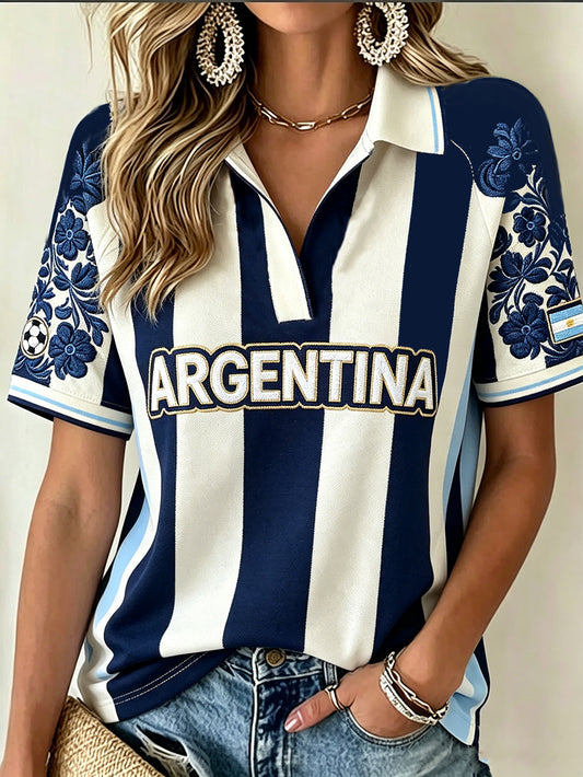 Women's striped color-blocking design floral pattern print polo T-shirt