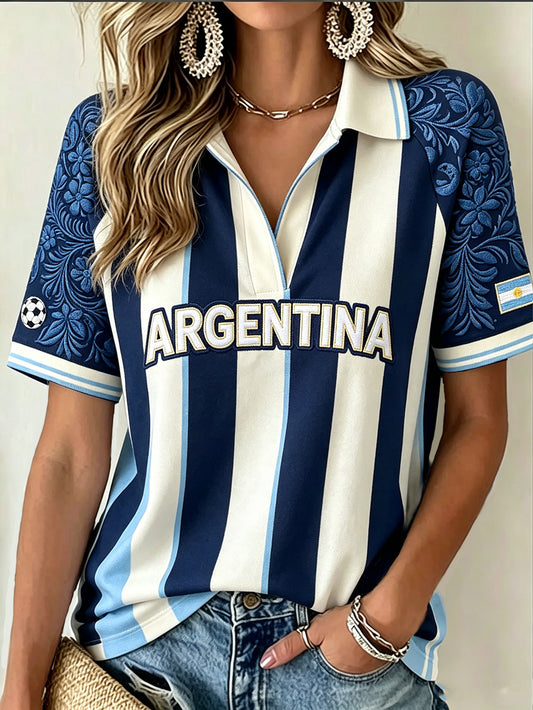 Women's striped color-blocking design floral pattern print polo T-shirt