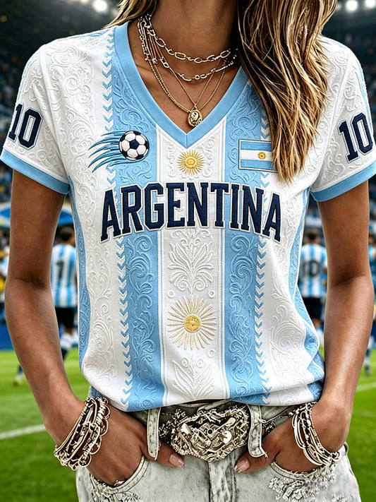 Women's Argentina Football Inspired Pattern Print Short-sleeved T-shirt