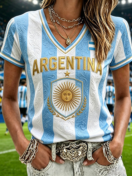 Women's Argentina Football Inspired Print V Neck Short-sleeved T-shirt