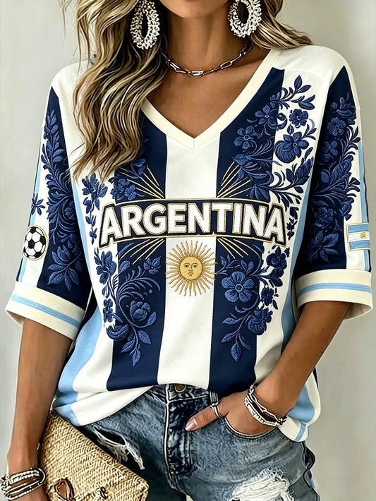 Women's Striped Color-blocking Design Floral Pattern Print Mid-length Sleeves V-Neck T-Shirt