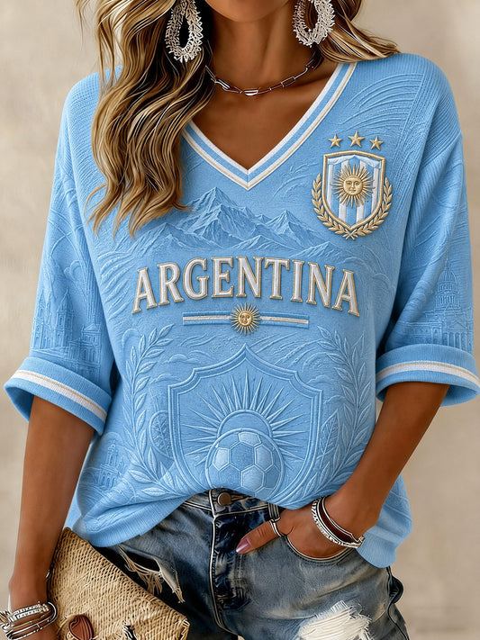 Women's Argentina Football Printed Mid-length Sleeves V-neck T-shirt
