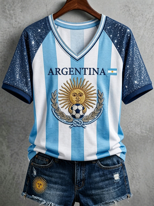 Women's Argentina Football Inspired Glitter Print V-neck Short-sleeved T-shirt