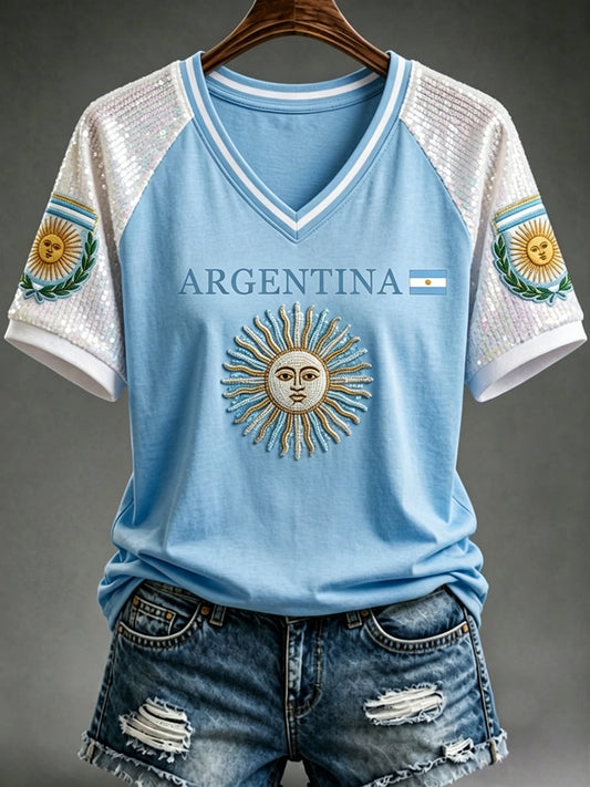 Women's Argentina Football Inspired Glitter Print V-neck Short-sleeved T-shirt